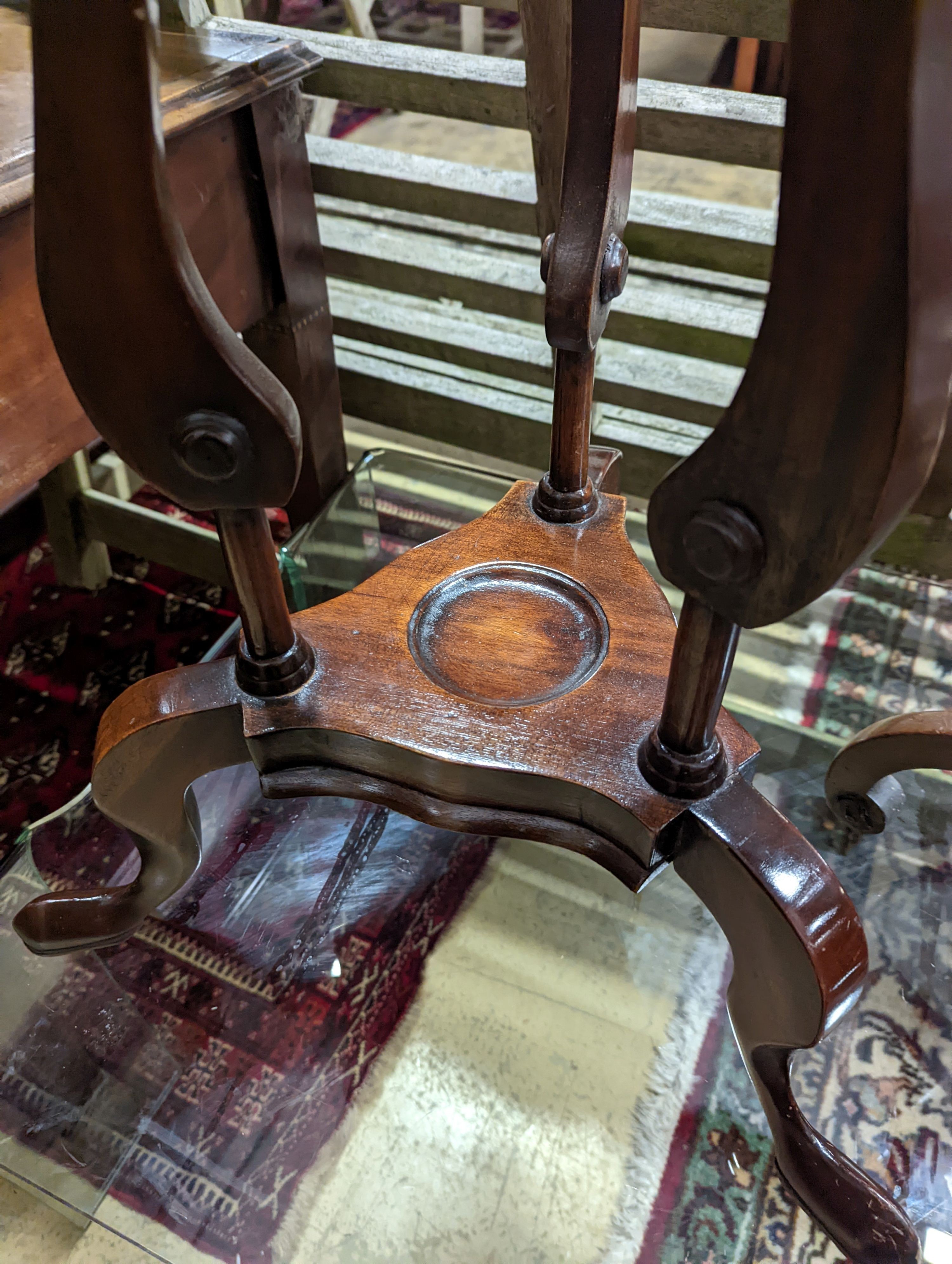 A George I style yew and walnut tripod candlestand, height 97cm, together with one other and a reproduction wash stand